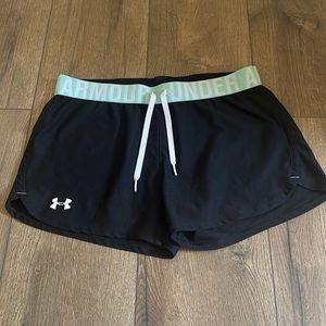 Under Armour size small black shorts with teal waistband